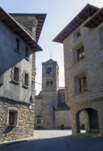 Buildings and church tower historic medieval village of Boltana, Huesca province, Aragon, Spain