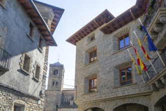 Buildings and church tower historic medieval village of Boltana, Huesca province, Aragon, Spain