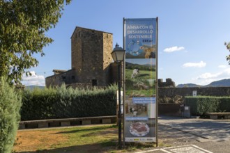 Sustainable Development banner, village of Ainsa, Aínsa-Sobrarbe, Huesca province, Aragon, Spain