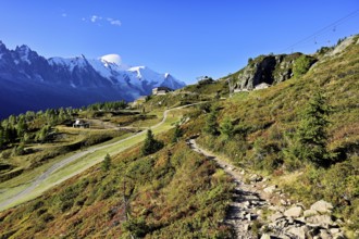 Mountain station of the La Flégère cable car, with the snow-covered Mont Blanc massif at the back,