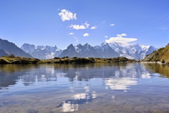 Lac de Chésserys, with the snow-covered Mont Blanc massif in the background, Chamonix-Mont-Blanc,