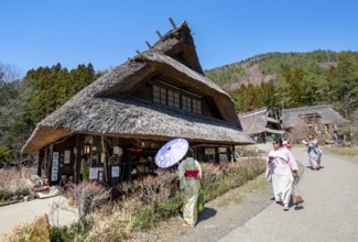 Visitors in kimono, Iyashinosato open-air museum, old Japanese village with traditional houses,