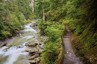 Wooden walkway on the Diosaz mountain river in the gorge, Gorges de la Diosaz, Les Houches,