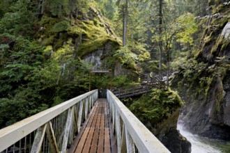 Wooden bridge over the Diosaz mountain river in the gorge, Gorges de la Diosaz, Les Houches,