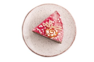 Chocolate cake isolated on white background, top view, flat lay, close up