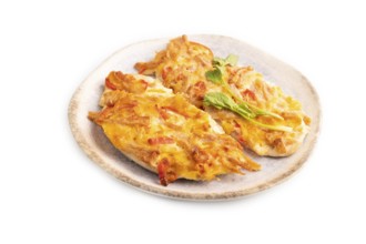 Baked chicken meat with cheese and tomatoes isolated on white background. side view, close up