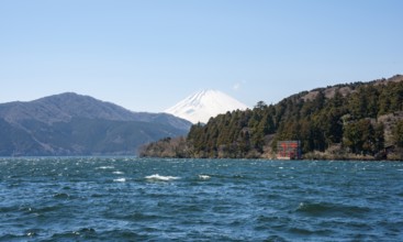 View of Lake Ashi with Mount Fuji volcano and peace torii from Hakone Shrine, Hakone, Japan