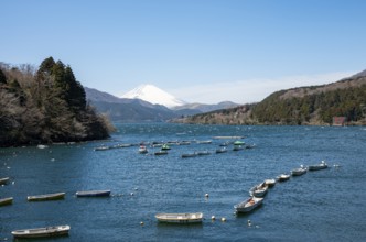 Attached rowing boats, view of Lake Ashi with Mount Fuji volcano, Hakone, Japan