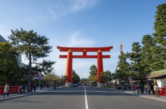 Large red torii in front of Heian-jingu Temple, Shinto Shrine, Kyoto, Japan