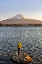 Young man standing on rocks in Lake Kawaguchi, view of Mount Fuji volcano at sunset, Yamanashi