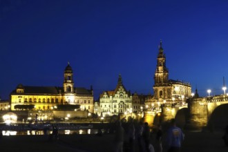 View of the Court Church and Castle, Blue Hour, tourists, Dresden, Saxony, Germany