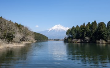View of Mount Fuji volcano and Lake Tanuki from Fuji-mae observation deck, Fujinomiya, Shizuoka,