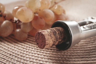 A corkscrew with a wine bottle stopper, lying on a woven napkin, with green grapes