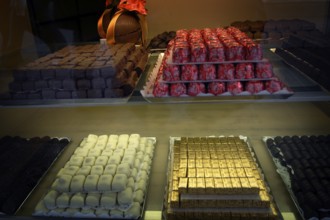 Showcase full of finely arranged Belgian chocolates in various types and colors, appetizingly