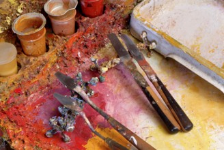 Colored painting supplies and tools, a painter's color palette, oil paints, Zürich, Switzerland