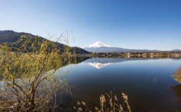 Volcano Mt. Fuji is reflected in Lake Kawaguchi, Yamanashi Prefecture, Japan