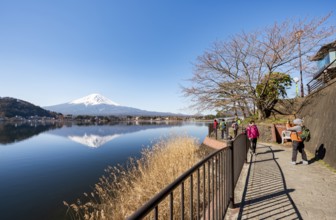 Tourists take pictures on the waterfront, Volcano Mt. Fuji is reflected in Lake Kawaguchi,
