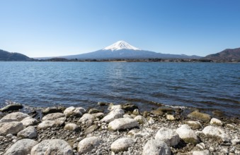 Lake Kawaguchi with volcano Mt. Fuji, Yamanashi Prefecture, Japan