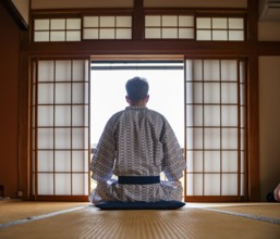 Young man wearing kimono sitting in traditional Japanese living room with tatami mats and shoji