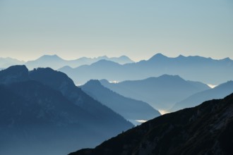 Blue-colored silhouette of mountains, Chiemgau Alps, Upper Bavaria, Bavaria, Germany