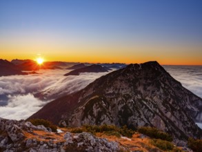 Alpine panorama at sunset, fog in the valley, Hochstaufen, Chiemgau Alps, Upper Bavaria, Bavaria,