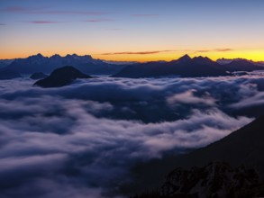 Alpine panorama at dusk, fog in the valley, Hochstaufen, Chiemgau Alps, Upper Bavaria, Bavaria,