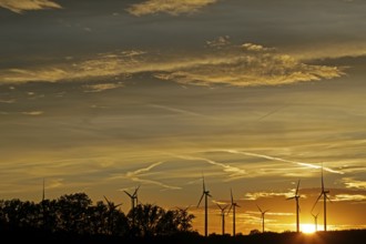 Sunset, wind power plants, sunset, Südergellersen, Samtgemeinde Gellersen, Lower Saxony, Germany