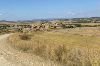 Landscape view of historic medieval village of Layana, Cinco Villas, Zaragoza province, Aragon,