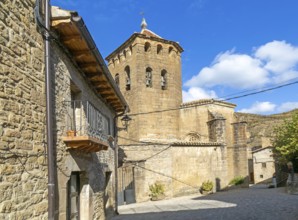 Historic church tower medieval village of Longás, Val d'Onsella, Zaragoza province, Aragon, Spain
