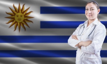 Female doctor on Uruguay flag. Doctor with crossed arms on Uruguay flag. Uruguay health and care