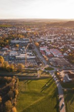 City landscape with roads and fields at sunset from a bird's eye view, Großbottwar, Germany