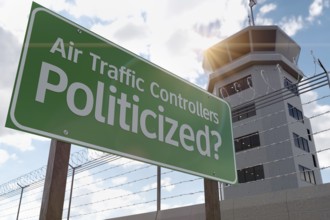 Air traffic controllers politicized green road sign in front of air traffic control tower