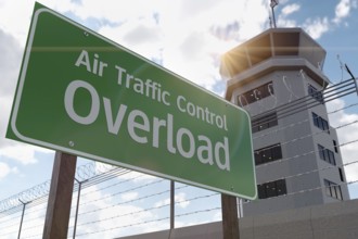 Air traffic control overload green road sign in front of air traffic control tower