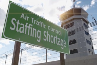 Air traffic control staffing shortage green road sign in front of air traffic control tower