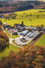 Farm surrounded by colorful autumn trees and green fields in an idyllic landscape, Haselstaller