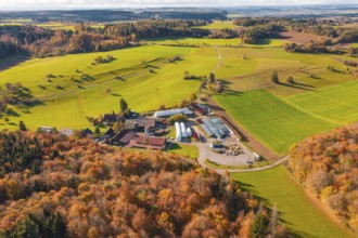 Farmhouse in a vast landscape with green fields and colorful autumn trees, Haselstaller Hof,