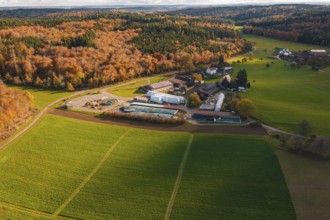 Farm surrounded by green fields and autumn forests in a quiet landscape, Haselstaller Hof,