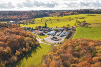 Autumn farm surrounded by green fields and colorful forests, Haselstaller Hof, Gechingen, Germany