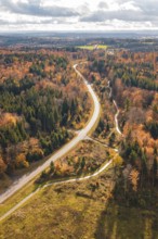 Road snakes through colorful autumn landscape with fields and forests, Gechingen, Calw district,