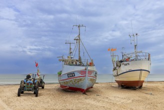 Fishing boats beached on Thorup Strand, Thorupstrand, fishing village on the Skagerrak in