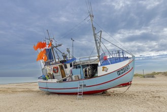 Fishing boat beached on Thorup Strand, Thorupstrand, fishing village on the Skagerrak in Jammerbugt