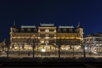 Hotel Ahlbecker Hof illuminated at night in seaside resort Ahlbeck, Heringsdorf on the Isle of