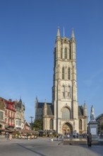 Saint-Bavo's square showing St. Bavo's cathedral, Sint-Baafskathedraal and pavement cafés in the