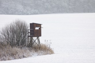Raised hide, hunting blind, deerstand, deer stand in snow covered field at edge of forest in winter