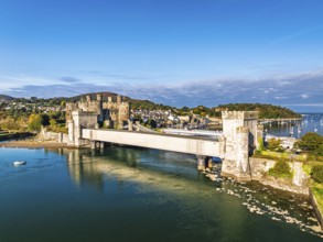 Conwy Castle over River Convy from a drone, Convy, North Wales, England, United Kingdom