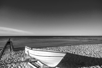 Fishing boat on the beach, black and white, Ahrenshoop, Darß, Mecklenburg-Western Pomerania,