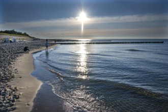 Baltic Sea beach against the sun, Ahrenshoop, Darß, Mecklenburg-Western Pomerania, Germany