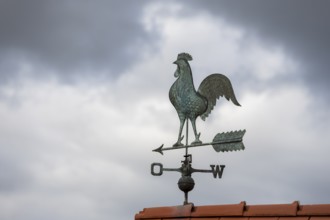 Silhouette of a rooster weather vane on a roof against a cloudy sky, Baden-Württemberg, Germany