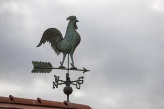Rooster-shaped weather vane on a tiled roof against a grey sky, Baden-Württemberg, Germany