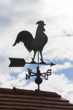 Silhouette of a metal weather cock against cloudy sky, Baden-Württemberg, Germany